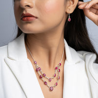 Silver Ruby Double Line Necklace Set
