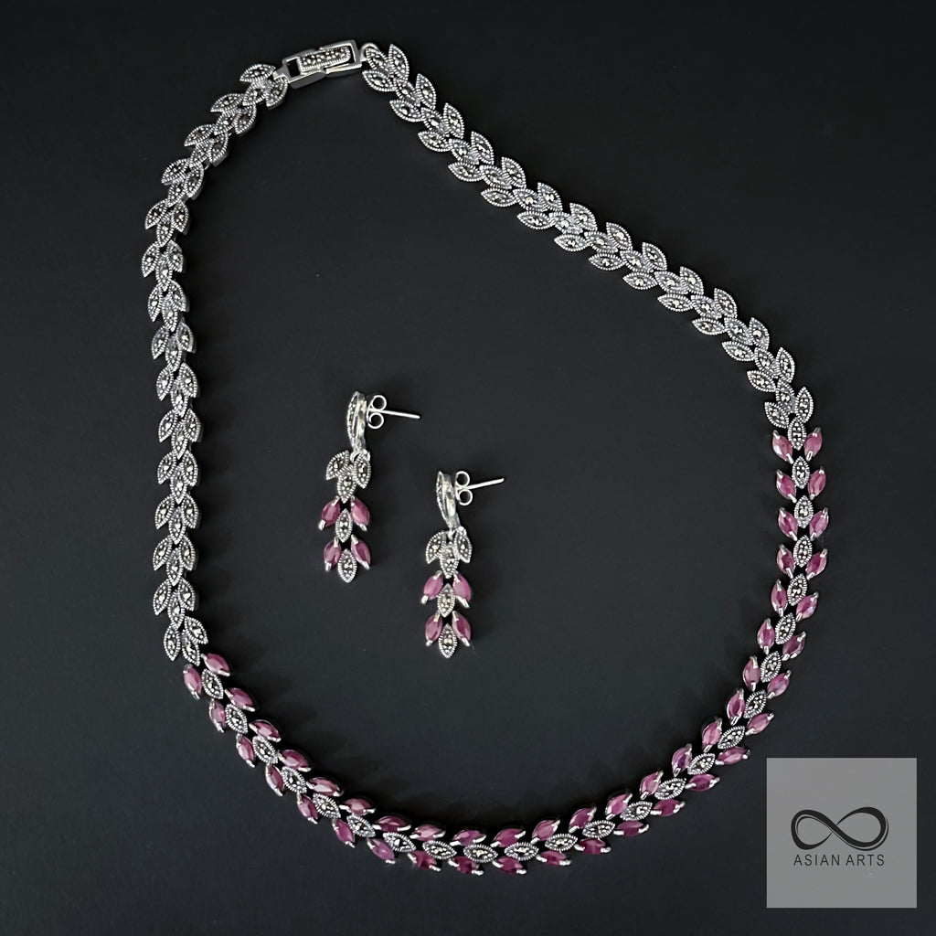 Silver Mercasite Ruby Necklace Set