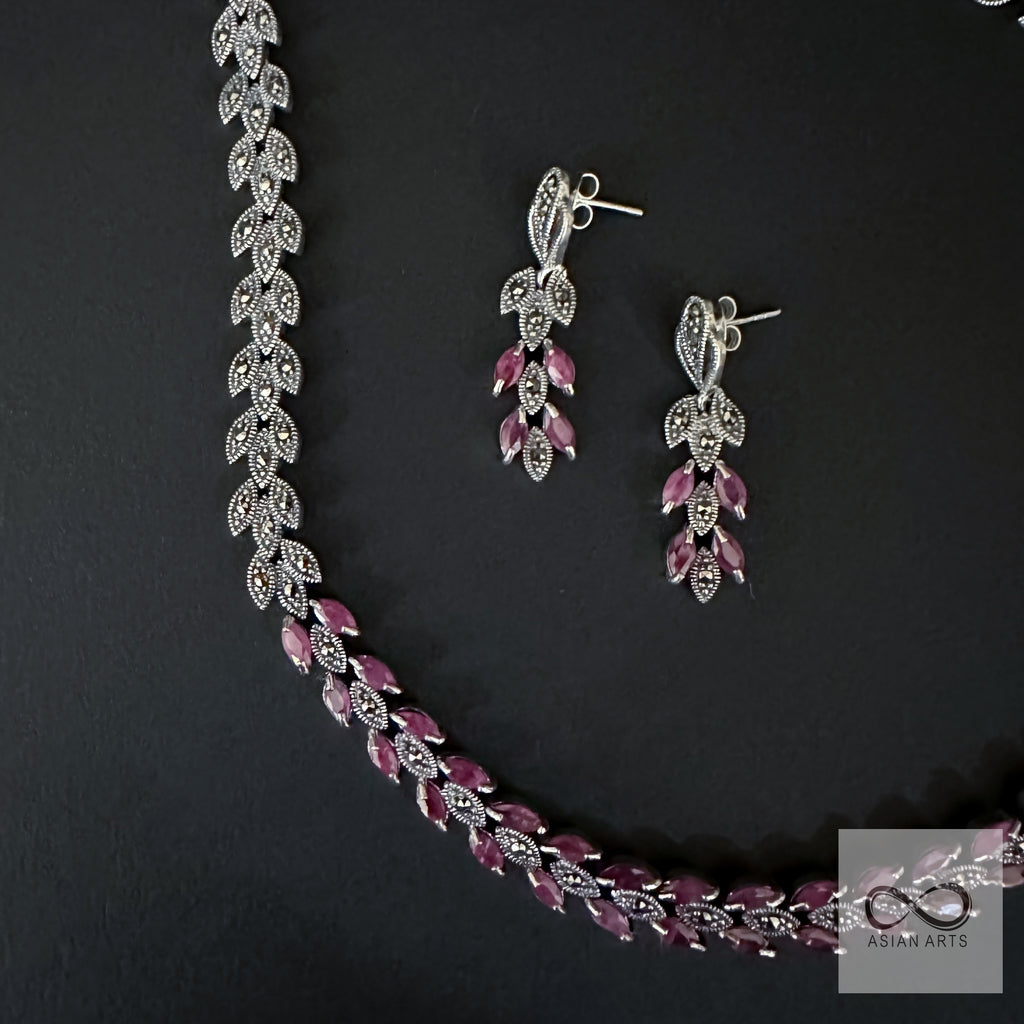 Silver Mercasite Ruby Necklace Set