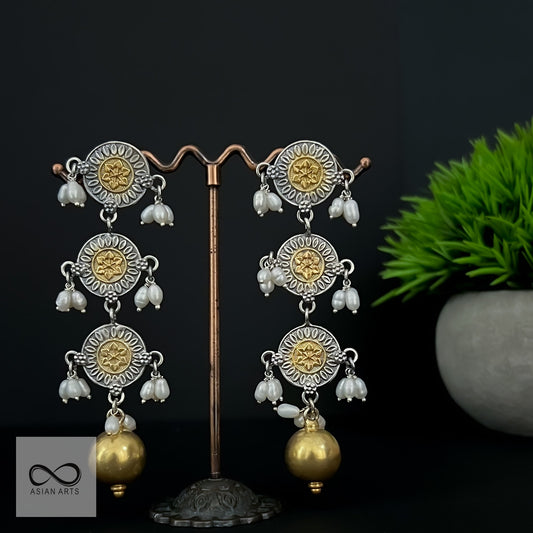 Silver two tone layered earring with ball drop and cultured pearls