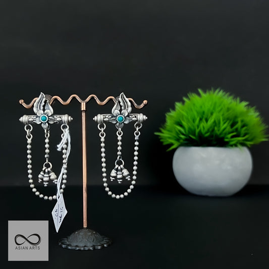Silver Old-Look Carving Earrings with Stones Ver.2