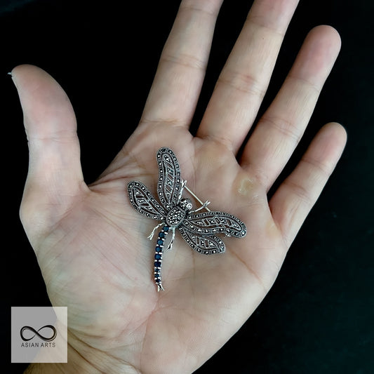 Silver Marcasite Dragon-Fly Motif Brooch