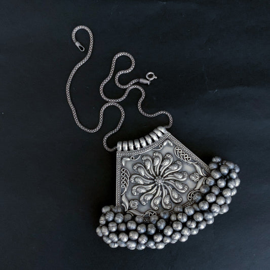 silver Rajasthani tribal pendant with cluster of ghunghroos and bird etching (Ver. 12)