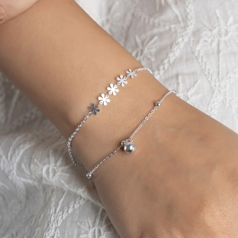 Silver double Line Floral Bell Bracelet 