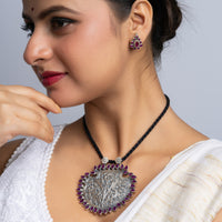 Silver Rajasthani Chitai Pendant Set with Ruby Coloured Stones