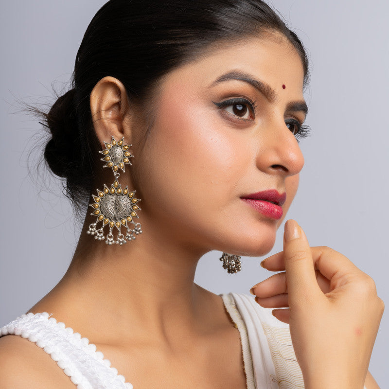 Silver Two Tone Carving Earrings 
