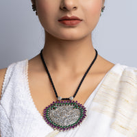 Silver Rajasthani Chitai Pendant Set with Multi Coloured Stones