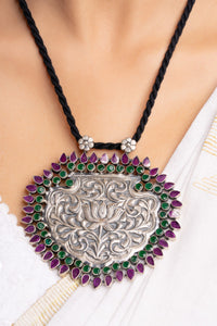 Silver Rajasthani Chitai Pendant Set with Multi Coloured Stones