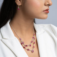 Silver Ruby Double Line Necklace Set