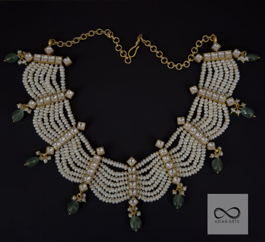 Silver Layered Pearl Gold-Polished Kundan Necklace