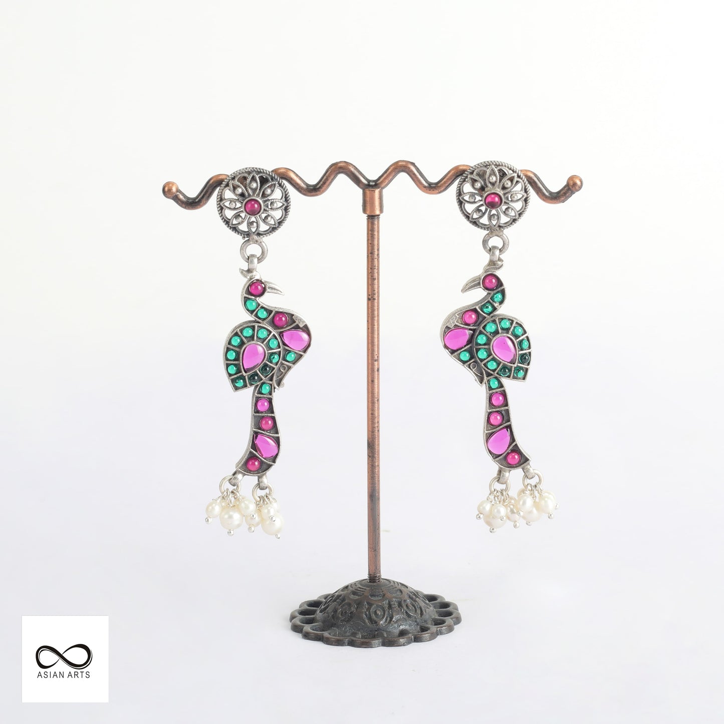 Silver Kemp Peacock Earrings with cultured pearls
