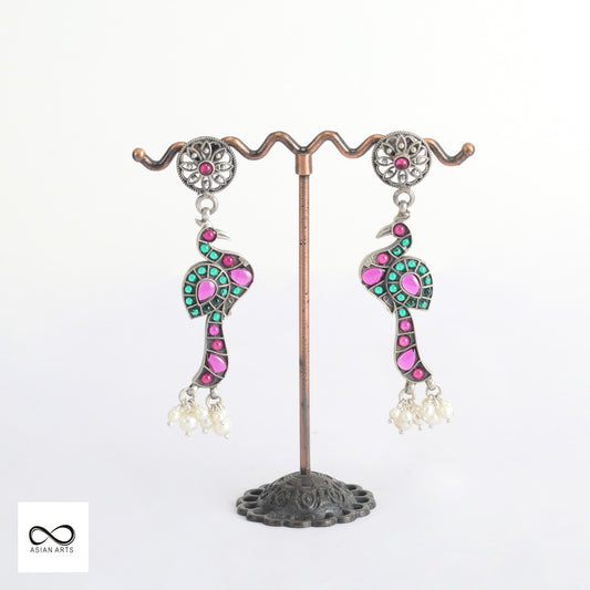 Silver Kemp Peacock Earrings with cultured pearls