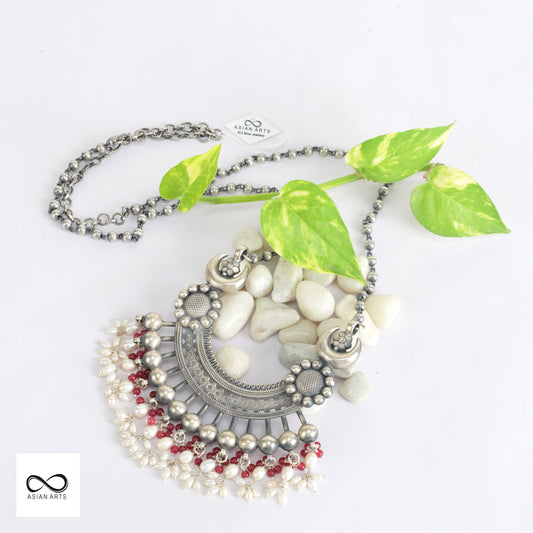 Silver Chandbali Style Necklace With Cultured Pearls