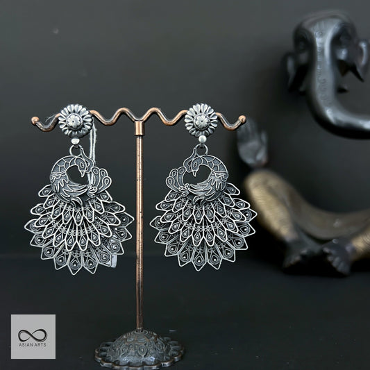 Silver Wire Like Carving Peacock Earrings