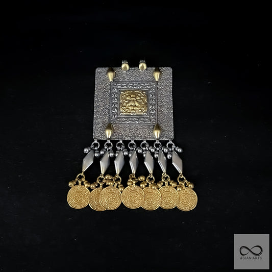 Silver Square Traditional Mughal Two-Tone Pendant