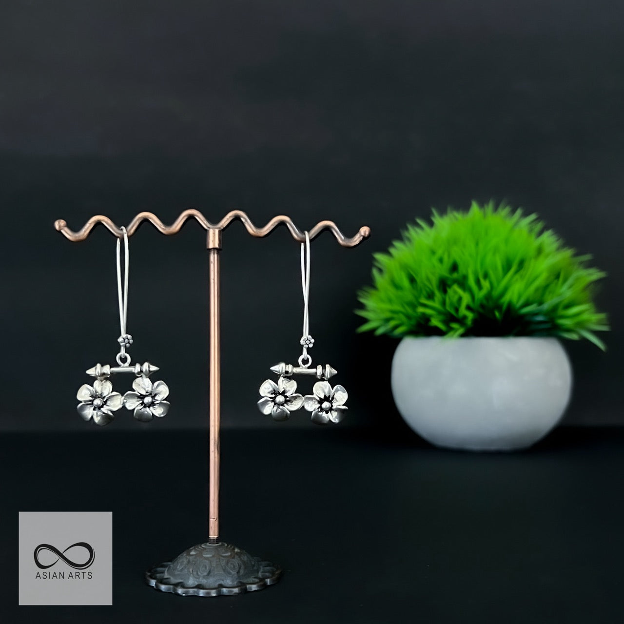 Silver Double Casting Flower Sleek-Hook Earrings