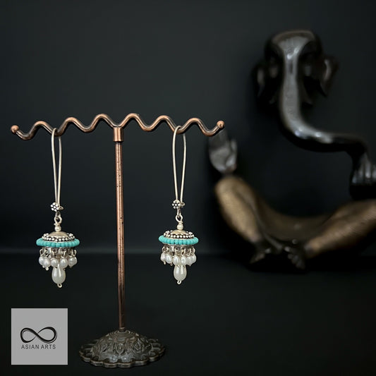 Silver Sleek-Hook Turquoise & Pearl Earrings