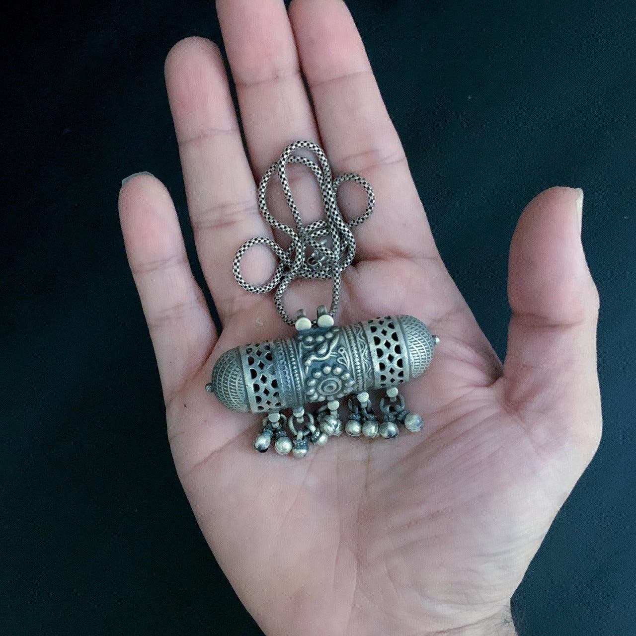 silver Rajasthani old-look ghunghroo tabeez locket