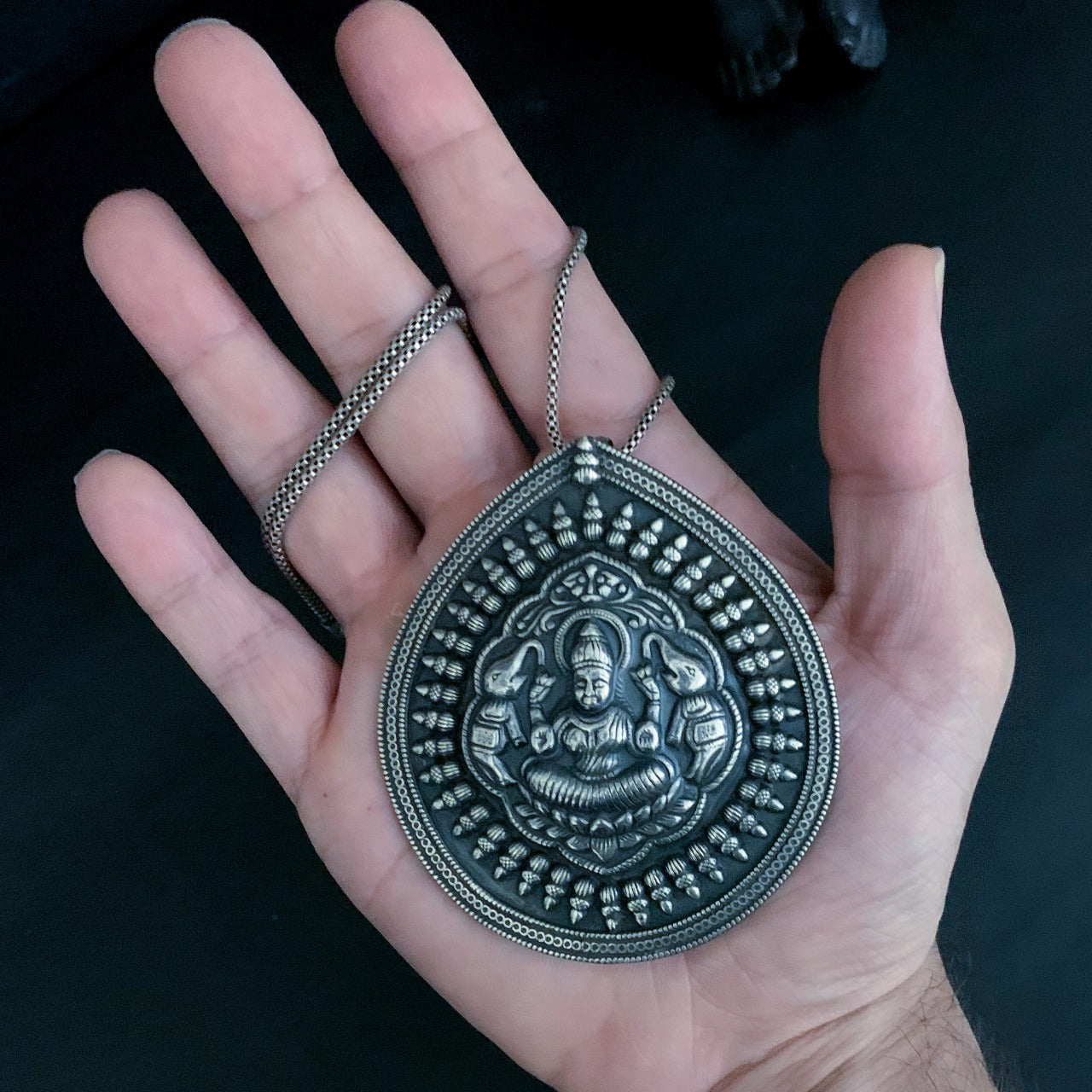 Silver Lakshmi old-look intricate pendant