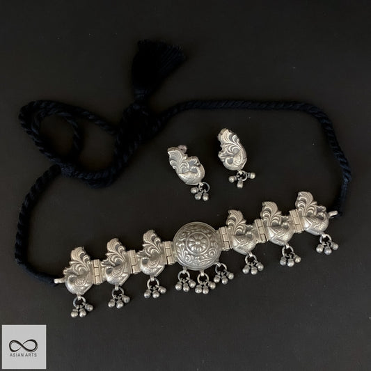 Silver Old-Look Bird Choker Set ( Necklace + Earrings)