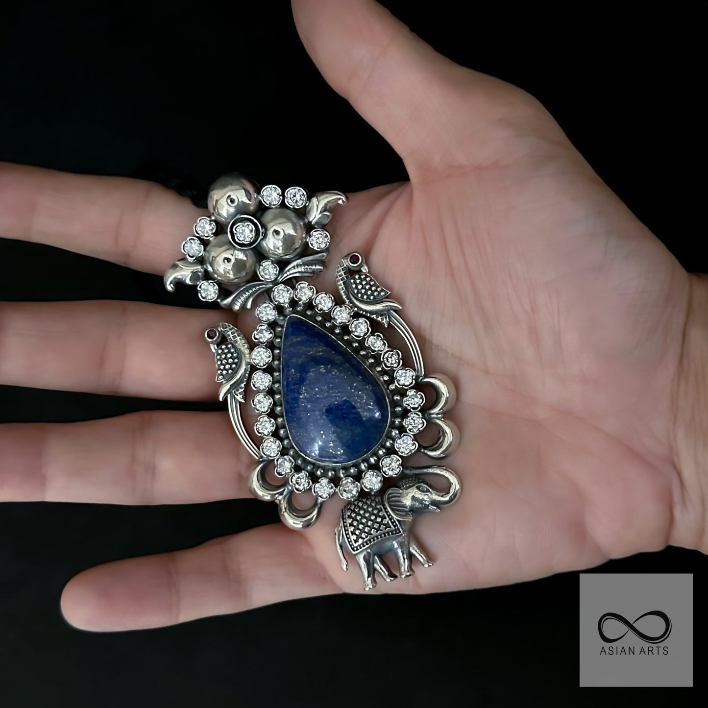Contemporary Silver Lapiz Lazuli pendant with elephant carving