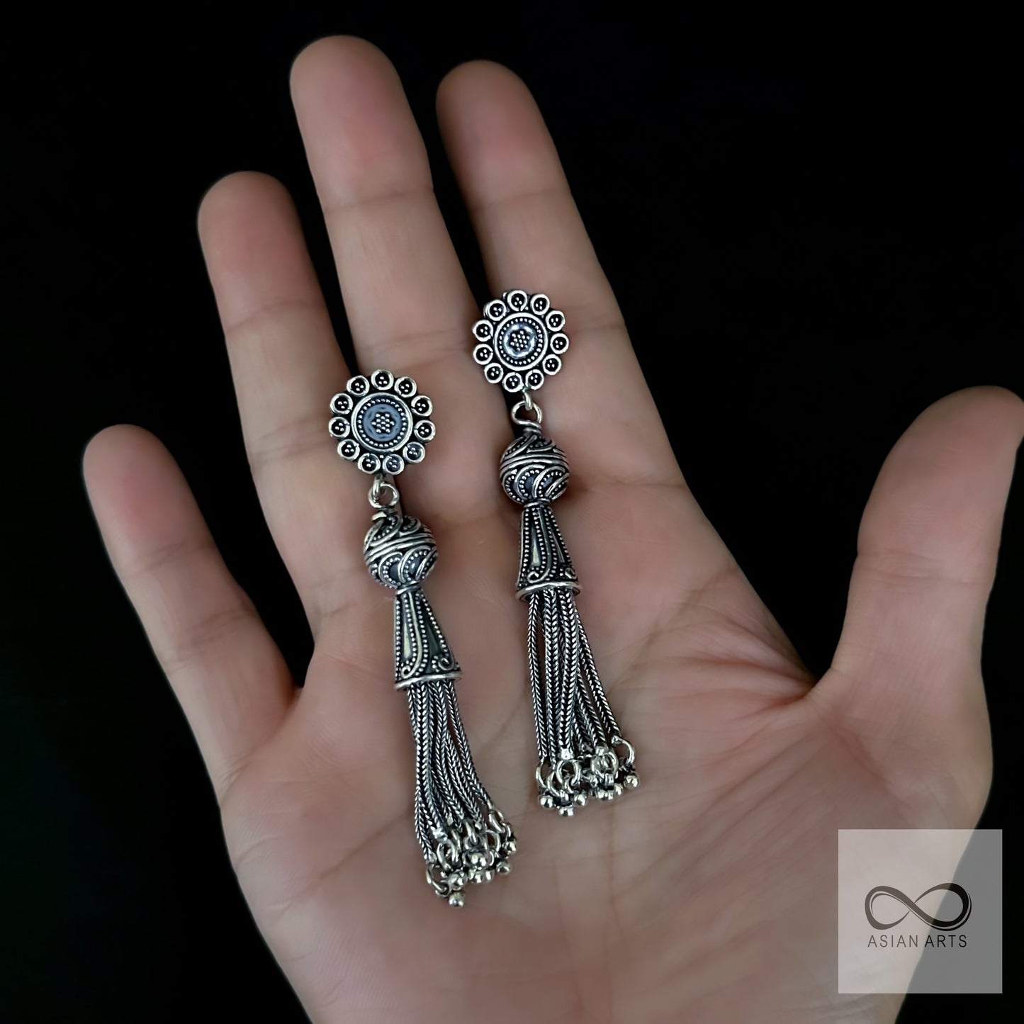 Silver Rawa Design Bunched Chain Rajasthani Earrings